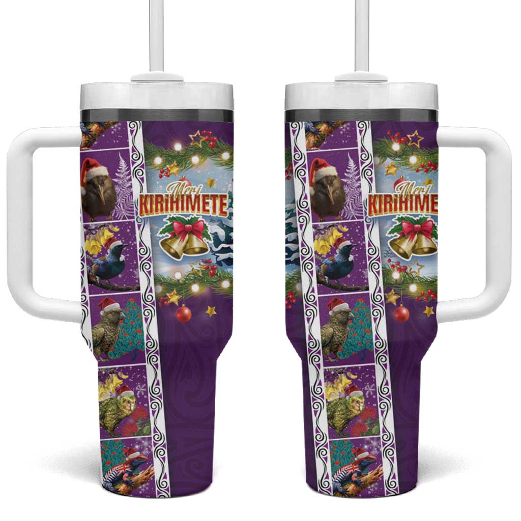 New Zealand Merry Christmas Tumbler With Handle Maori Animals Xmas Style and Koru Tattoo Purple Color LT03 One Size: 40 oz Purple - Polynesian Pride