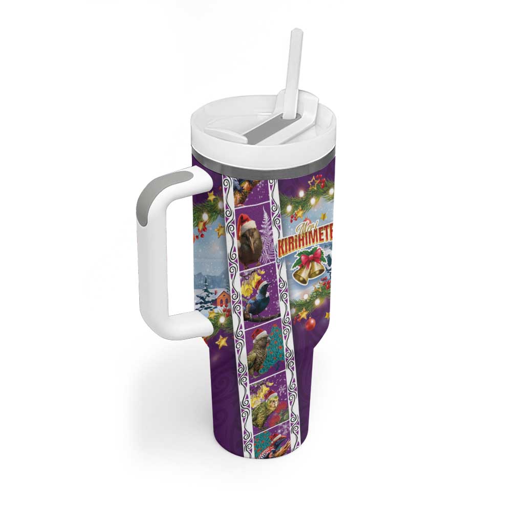 New Zealand Merry Christmas Tumbler With Handle Maori Animals Xmas Style and Koru Tattoo Purple Color LT03 - Polynesian Pride