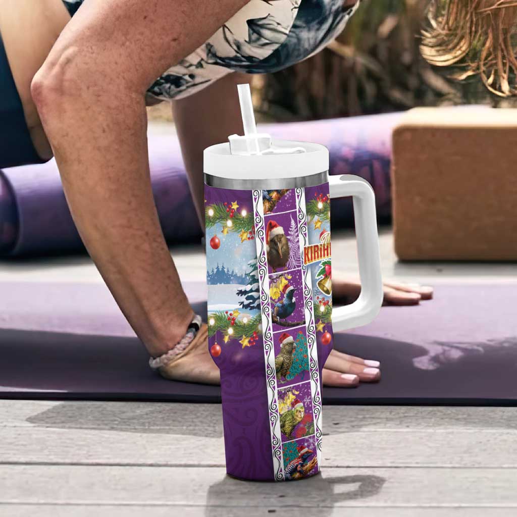 New Zealand Merry Christmas Tumbler With Handle Maori Animals Xmas Style and Koru Tattoo Purple Color LT03 - Polynesian Pride