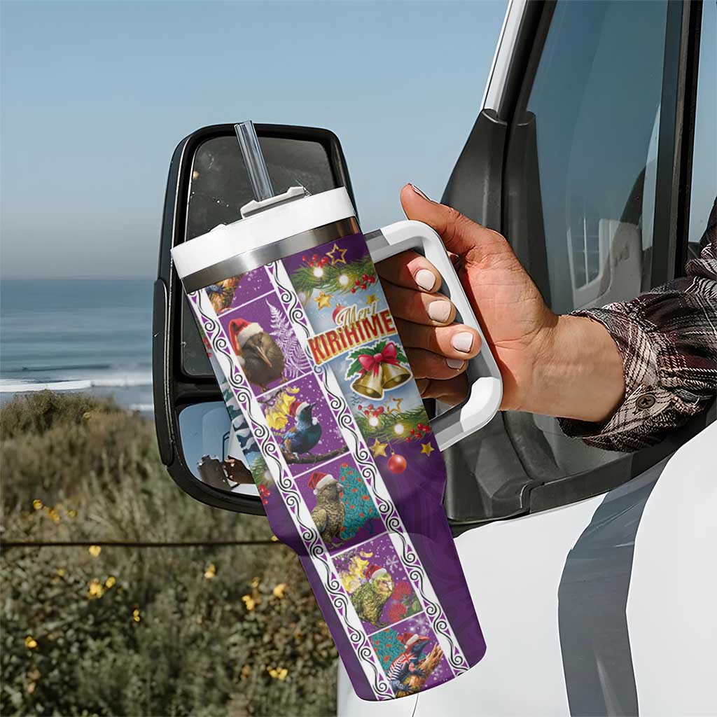 New Zealand Merry Christmas Tumbler With Handle Maori Animals Xmas Style and Koru Tattoo Purple Color LT03 - Polynesian Pride