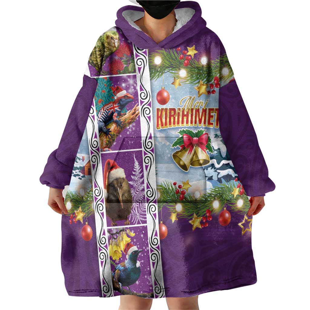 New Zealand Merry Christmas Wearable Blanket Hoodie Maori Animals, Koru Tattoo - Purple Xmas Style LT03 - Polynesian Pride