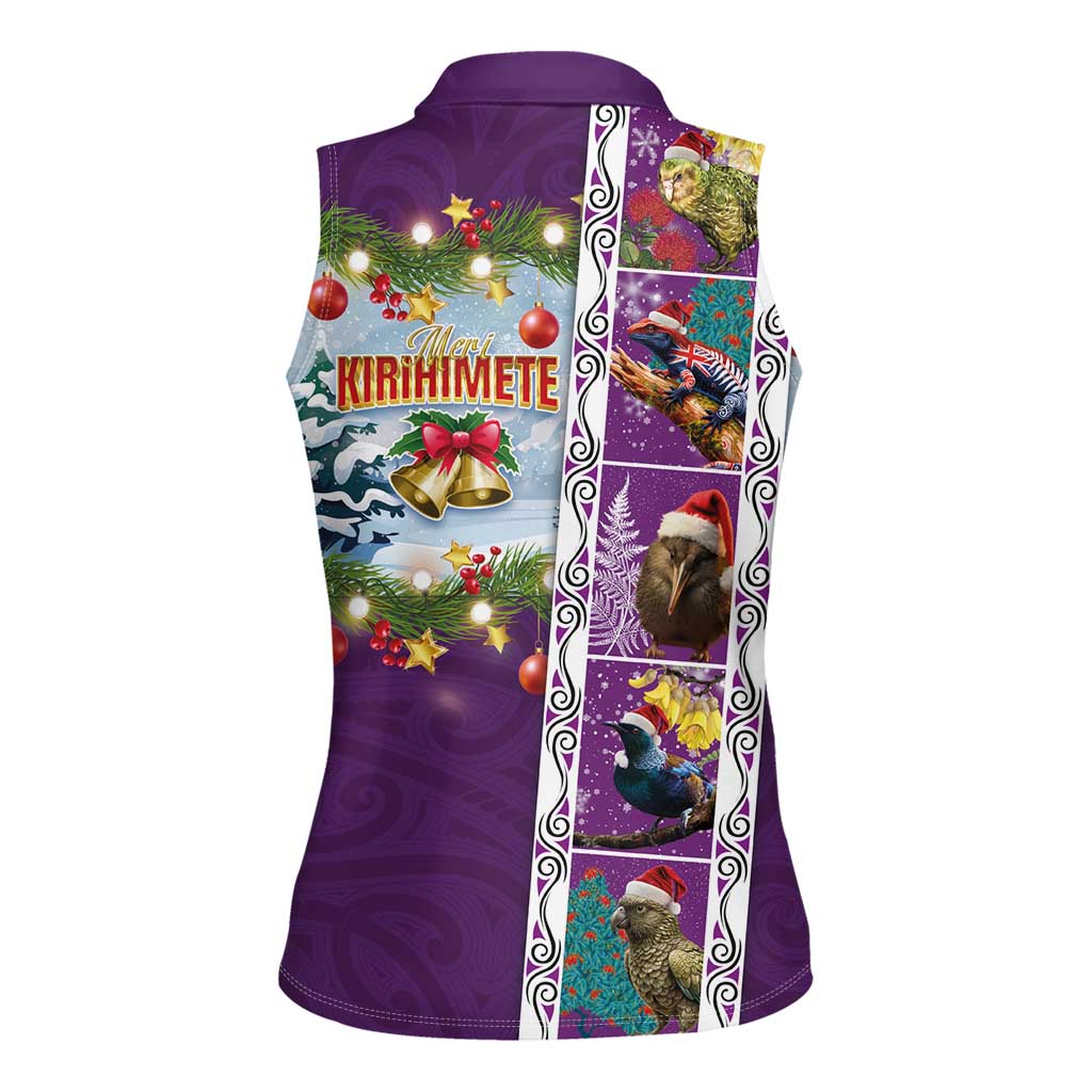 New Zealand Merry Christmas Women Sleeveless Polo Shirt Maori Animals, Koru Tattoo - Purple Xmas Style LT03 - Polynesian Pride