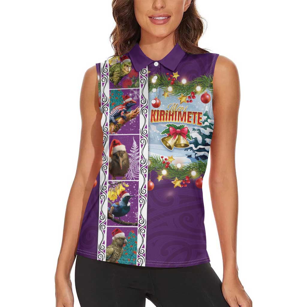New Zealand Merry Christmas Women Sleeveless Polo Shirt Maori Animals, Koru Tattoo - Purple Xmas Style LT03 - Polynesian Pride