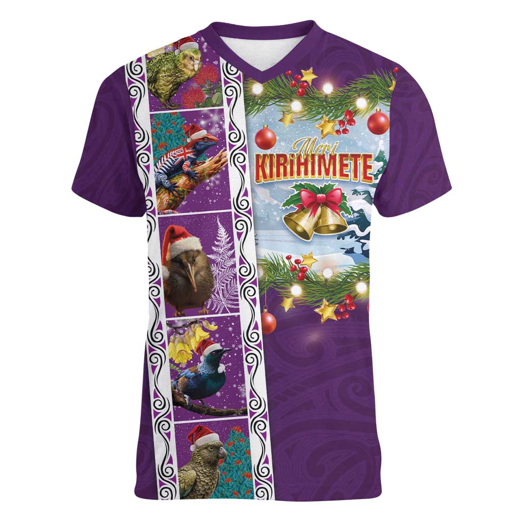 New Zealand Merry Christmas Women V-Neck T-Shirt Maori Animals, Koru Tattoo - Purple Xmas Style