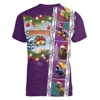 New Zealand Merry Christmas Women V-Neck T-Shirt Maori Animals, Koru Tattoo - Purple Xmas Style