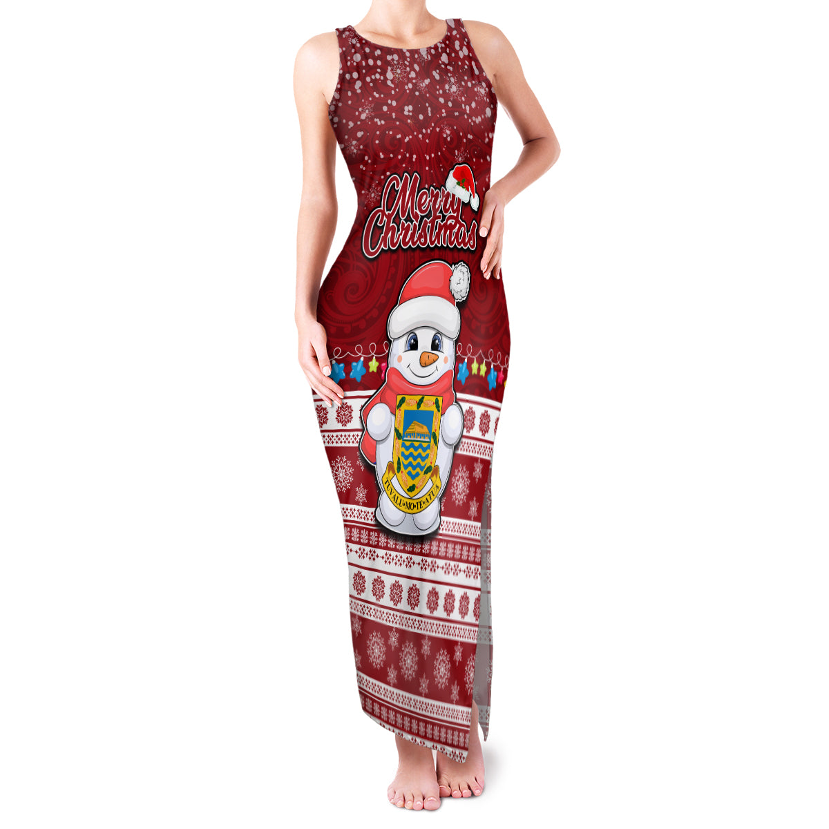 Tuvalu Christmas Family Matching Tank Maxi Dress and Hawaiian Shirt Snowman and Tuvalu Coat of Arms Maori Tribal Xmas Style LT03 Mom's Dress Red - Polynesian Pride