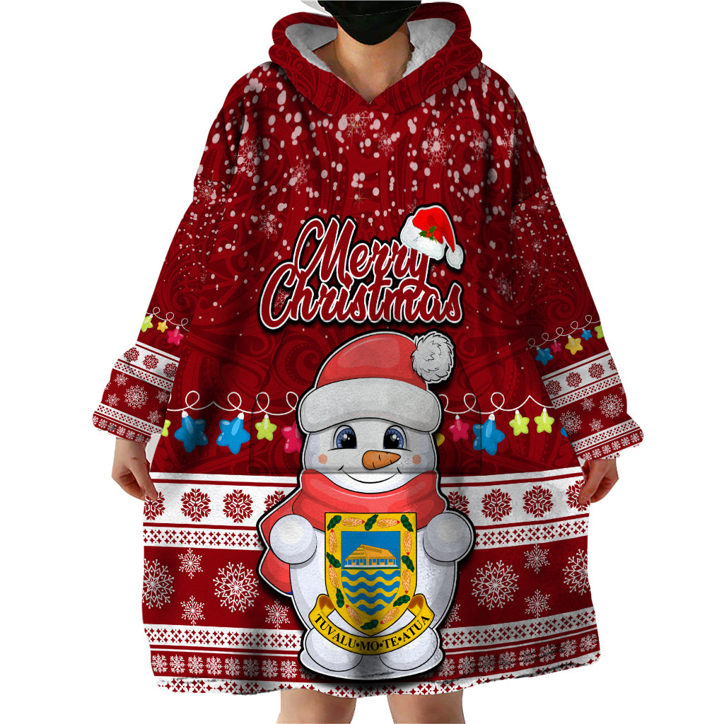 Tuvalu Christmas Wearable Blanket Hoodie Snowman and Tuvalu Coat of Arms Maori Tribal Xmas Style LT03 - Polynesian Pride