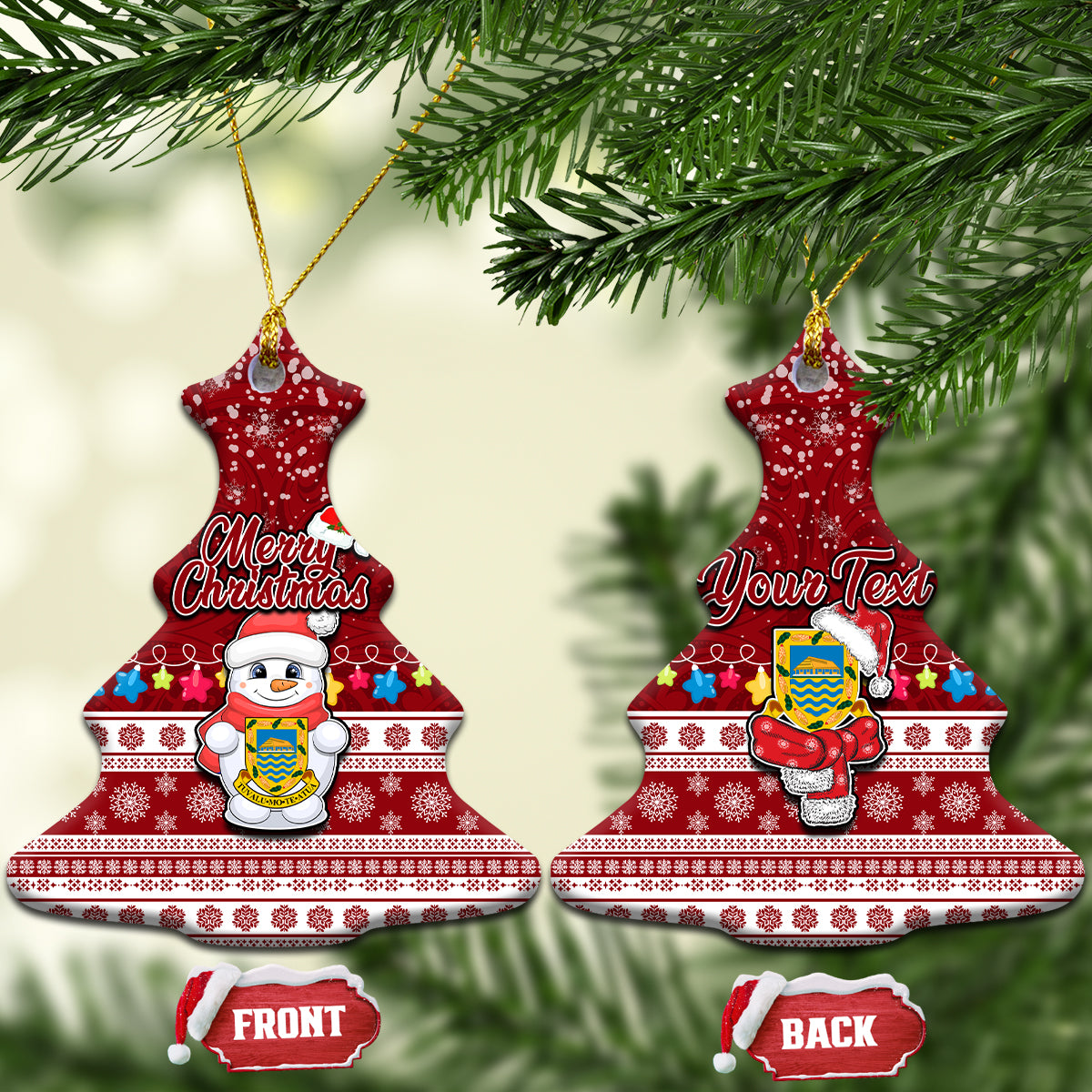 Personalised Tuvalu Christmas Ceramic Ornament Snowman and Tuvalu Coat of Arms Maori Tribal Xmas Style LT03 Christmas Tree Red - Polynesian Pride