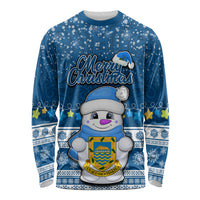 Tuvalu Christmas Long Sleeve Shirt Snowman Hugs Tuvalu Coat of Arms Maori Pattern Blue Style LT03 Unisex Blue - Polynesian Pride