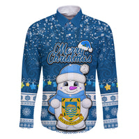 Personalised Tuvalu Christmas Family Matching Off Shoulder Long Sleeve Dress and Hawaiian Shirt Snowman Hugs Tuvalu Coat of Arms Maori Pattern Blue Style LT03 Dad's Shirt - Long Sleeve Blue - Polynesian Pride