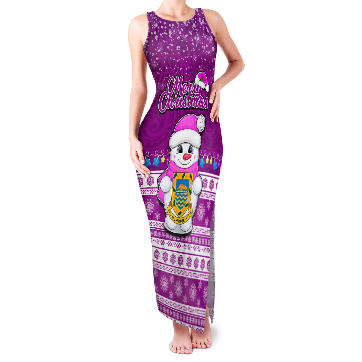 Tuvalu Christmas Family Matching Tank Maxi Dress and Hawaiian Shirt Snowman Hugs Tuvalu Coat of Arms Maori Pattern Pink Style LT03 Mom's Dress Pink - Polynesian Pride