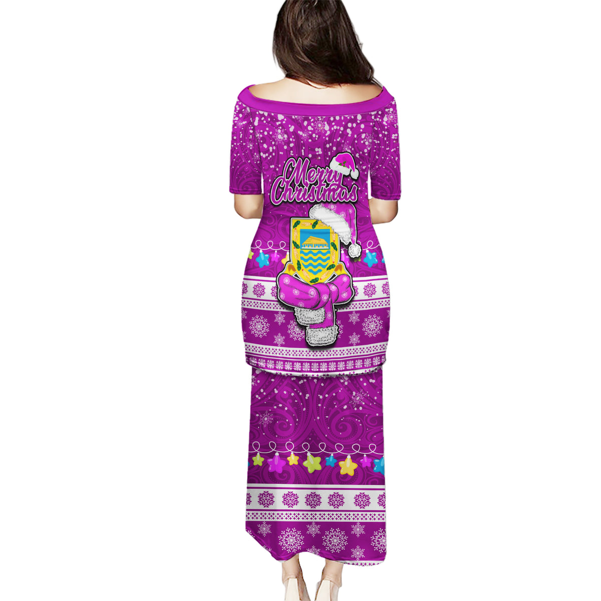 Tuvalu Christmas Puletasi Snowman Hugs Tuvalu Coat of Arms Maori Pattern Pink Style LT03 - Polynesian Pride