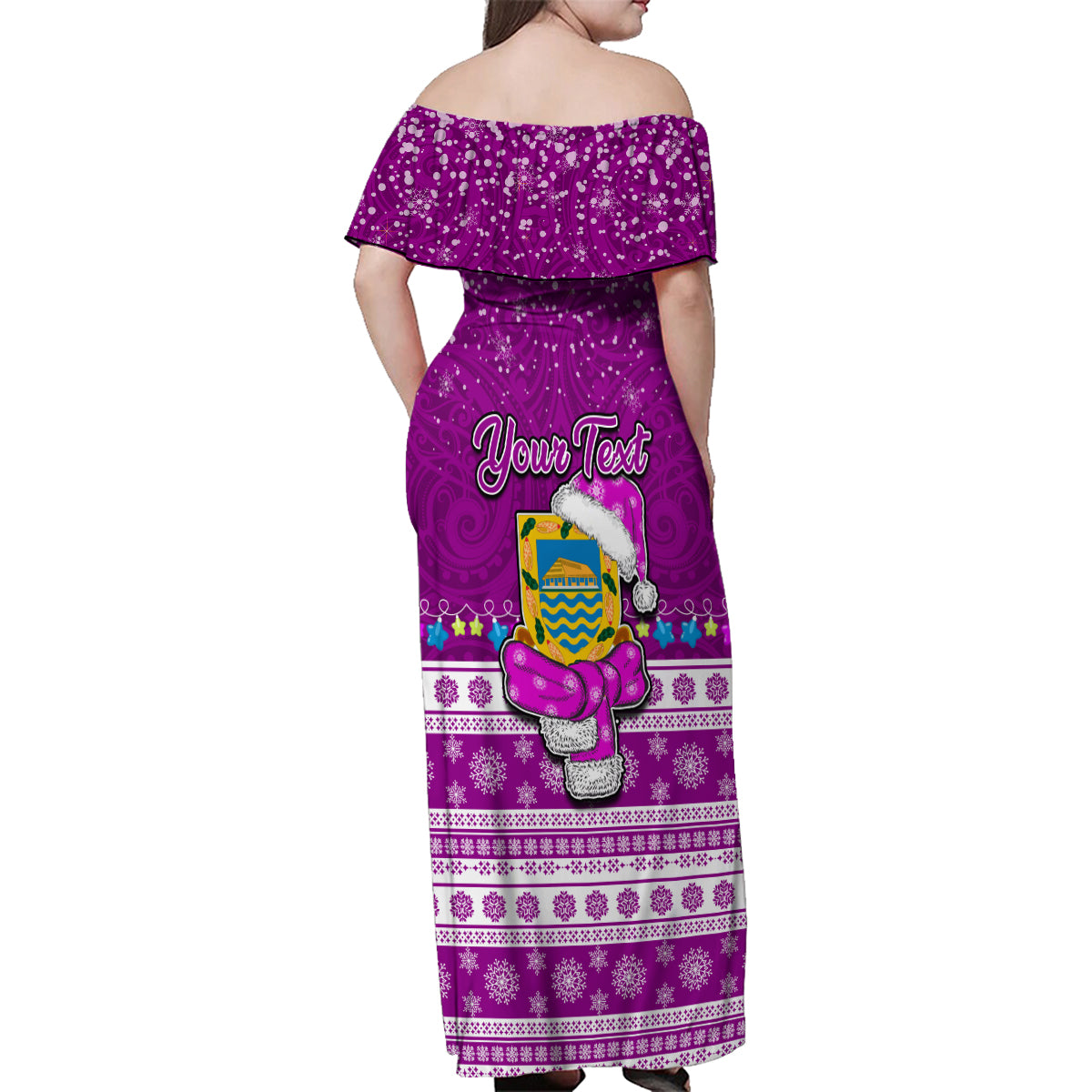 Personalised Tuvalu Christmas Family Matching Off Shoulder Maxi Dress and Hawaiian Shirt Snowman Hugs Tuvalu Coat of Arms Maori Pattern Pink Style LT03 - Polynesian Pride