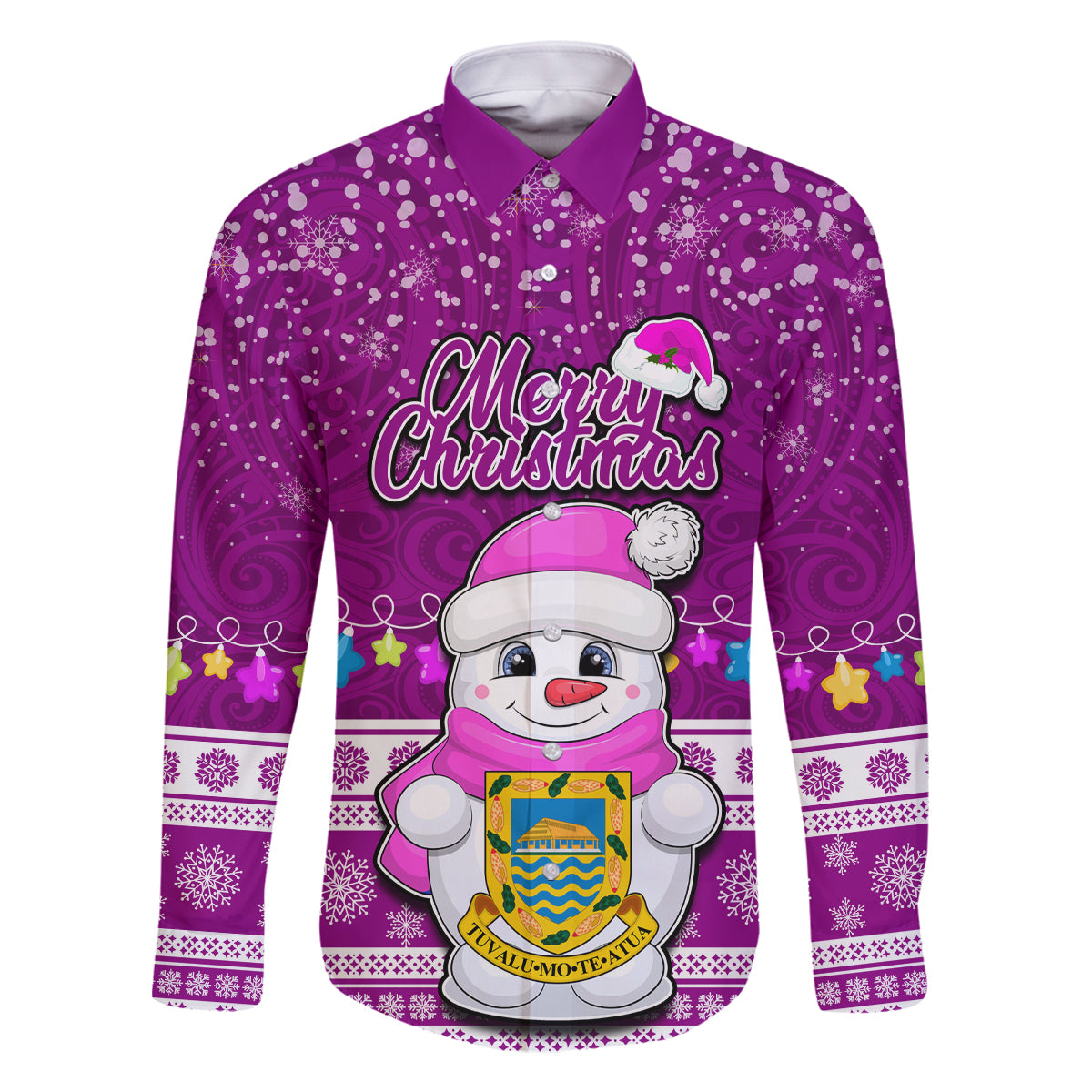 Personalised Tuvalu Christmas Family Matching Off Shoulder Short Dress and Hawaiian Shirt Snowman Hugs Tuvalu Coat of Arms Maori Pattern Pink Style LT03 Dad's Shirt - Long Sleeve Pink - Polynesian Pride