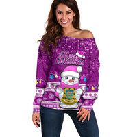 Personalised Tuvalu Christmas Off Shoulder Sweater Snowman Hugs Tuvalu Coat of Arms Maori Pattern Pink Style LT03 Women Pink - Polynesian Pride