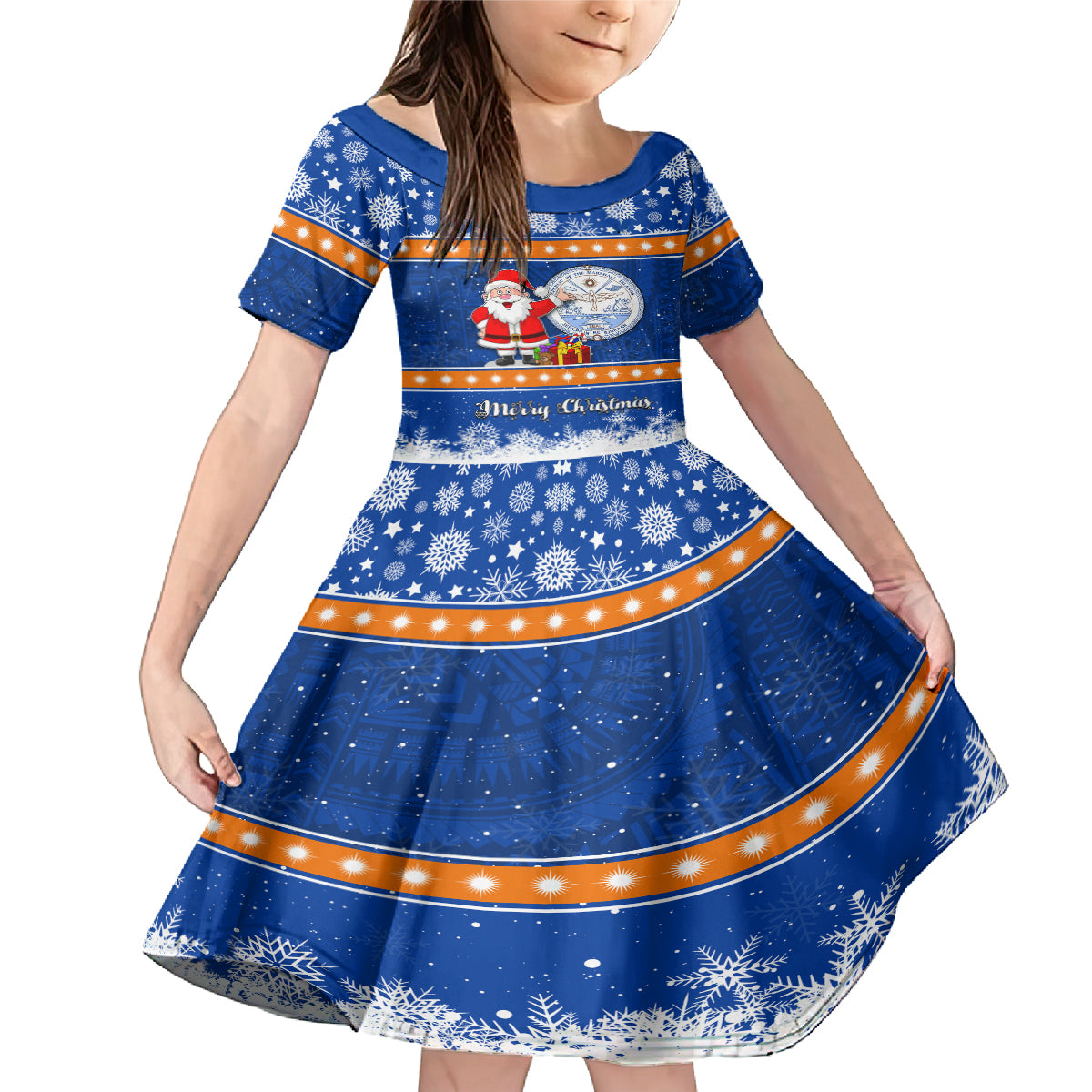 Marshall Islands Christmas Family Matching Mermaid Dress and Hawaiian Shirt Santa Claus and Coat of Arms Mix Polynesian Xmas Style LT03 Daughter's Dress Blue - Polynesian Pride