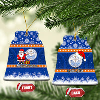 Personalised Marshall Islands Christmas Ceramic Ornament Santa Claus and Coat of Arms Mix Polynesian Xmas Style LT03 Bell Flake Blue - Polynesian Pride