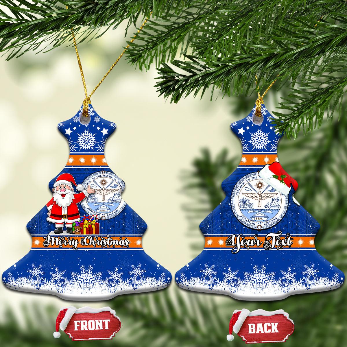 Personalised Marshall Islands Christmas Ceramic Ornament Santa Claus and Coat of Arms Mix Polynesian Xmas Style LT03 Christmas Tree Blue - Polynesian Pride