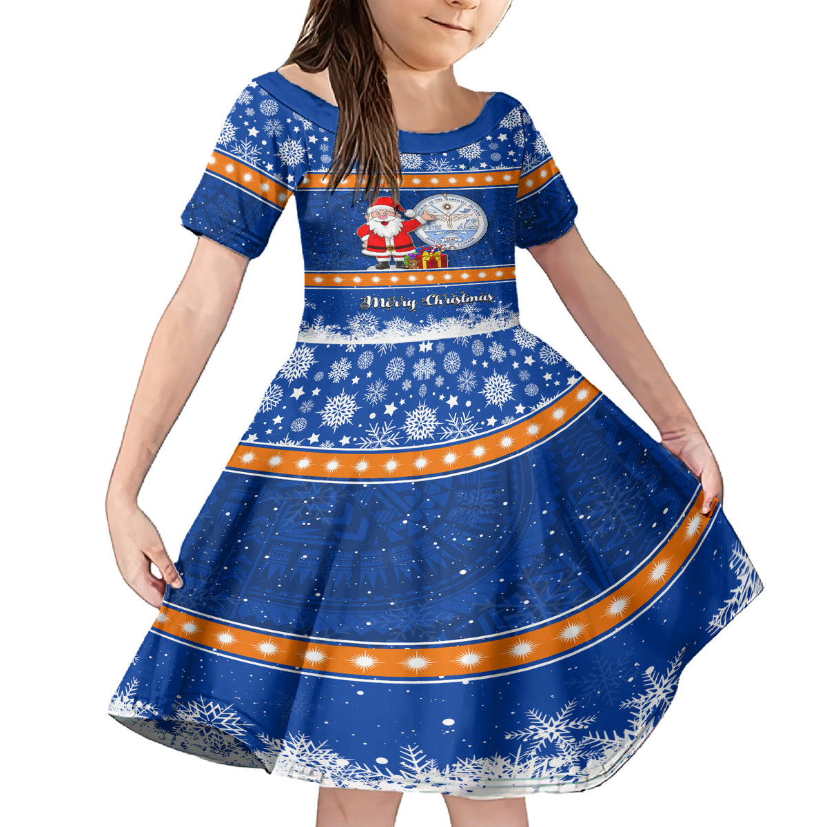 Personalised Marshall Islands Christmas Family Matching Short Sleeve Bodycon Dress and Hawaiian Shirt Santa Claus and Coat of Arms Mix Polynesian Xmas Style LT03 Daughter's Dress Blue - Polynesian Pride