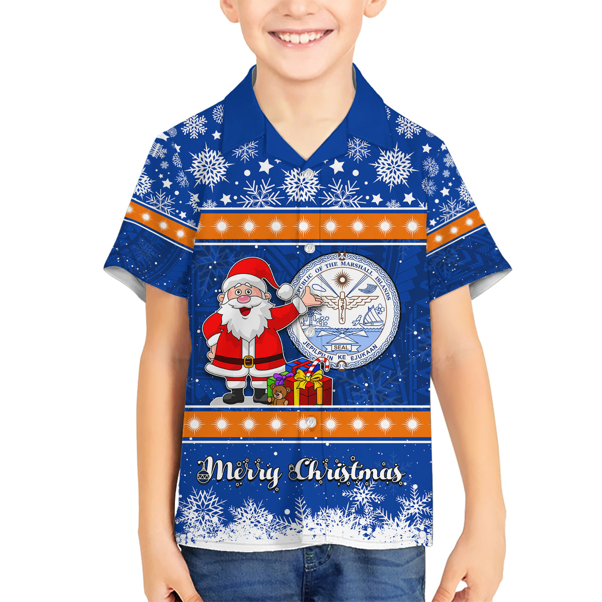 Personalised Marshall Islands Christmas Kid Hawaiian Shirt Santa Claus and Coat of Arms Mix Polynesian Xmas Style LT03 Kid Blue - Polynesian Pride