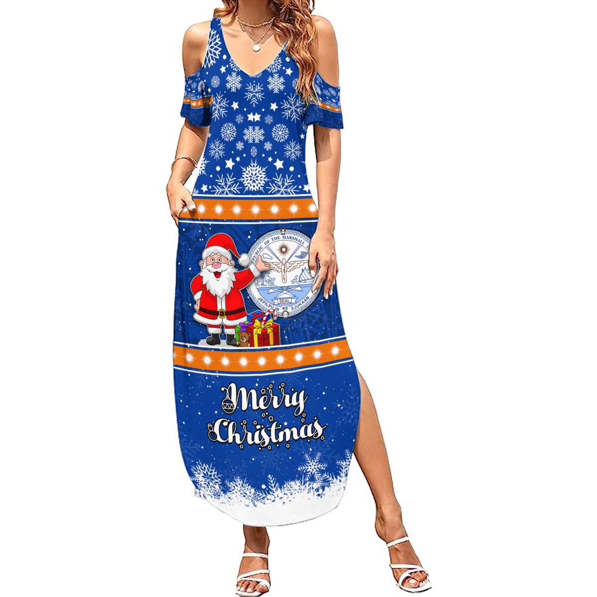 Personalised Marshall Islands Christmas Summer Maxi Dress Santa Claus and Coat of Arms Mix Polynesian Xmas Style LT03 Women Blue - Polynesian Pride