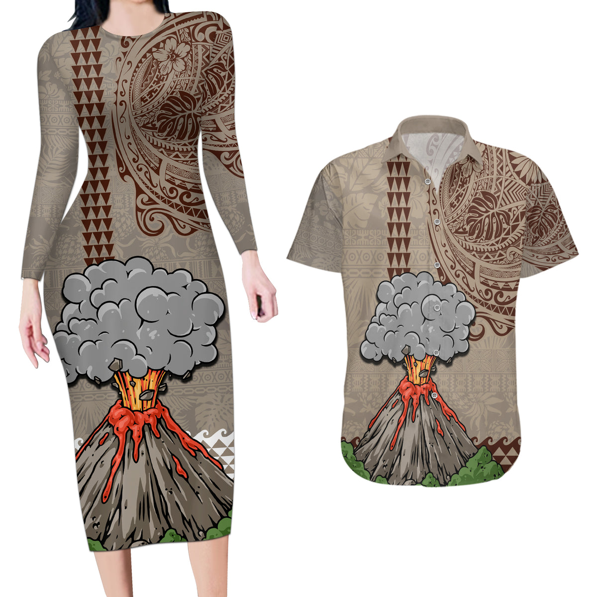 Aloha Volcano Custom Couples Matching Long Sleeve Bodycon Dress and Hawaiian Shirt Mix Hawaiian Kakau Tribal LT03 Beige - Polynesian Pride