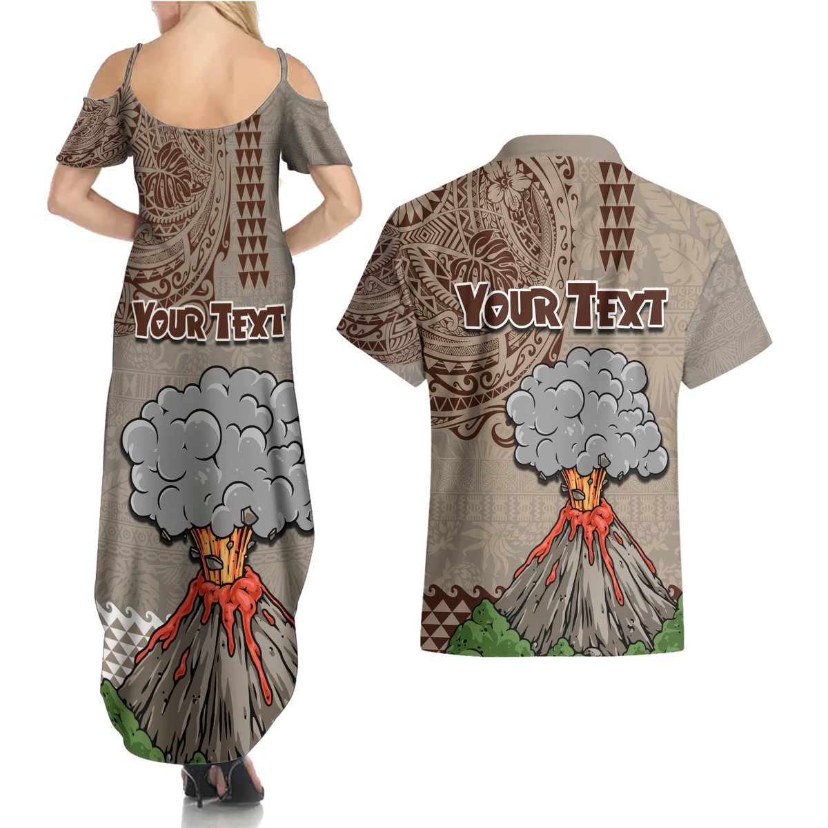 Aloha Volcano Custom Couples Matching Summer Maxi Dress and Hawaiian Shirt Mix Hawaiian Kakau Tribal LT03 - Polynesian Pride
