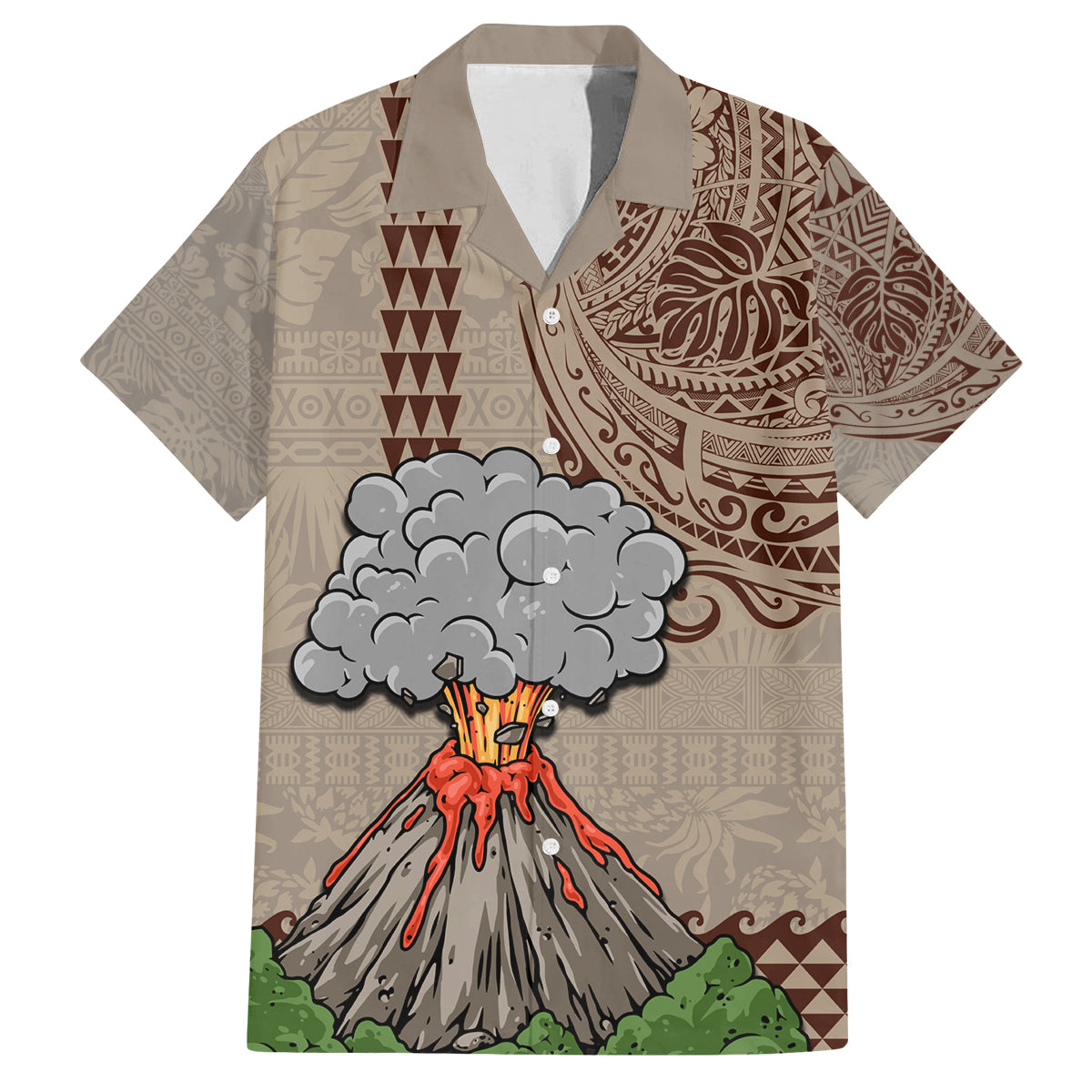 Aloha Volcano Custom Family Matching Long Sleeve Bodycon Dress and Hawaiian Shirt Mix Hawaiian Kakau Tribal LT03 Dad's Shirt - Short Sleeve Beige - Polynesian Pride