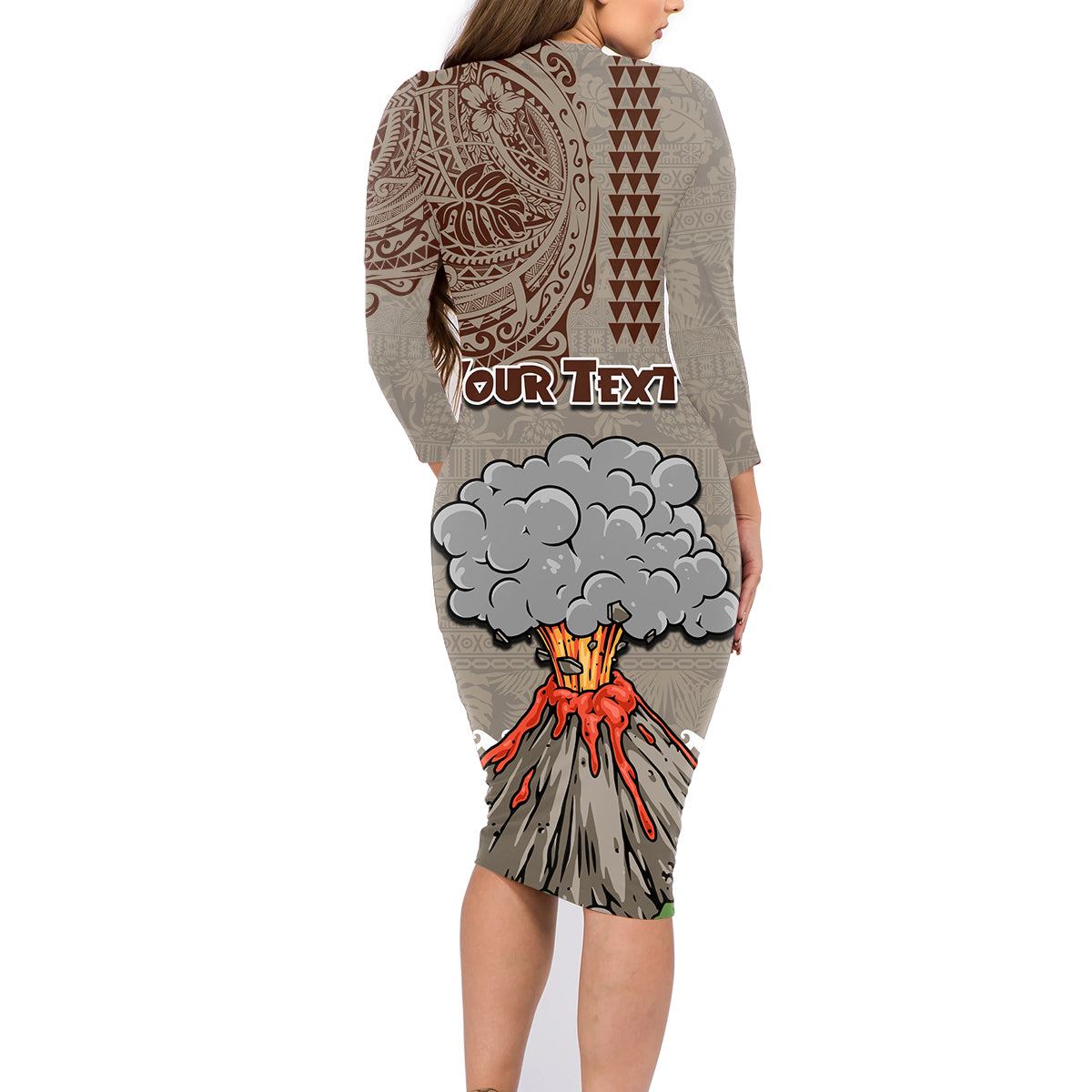Aloha Volcano Custom Family Matching Long Sleeve Bodycon Dress and Hawaiian Shirt Mix Hawaiian Kakau Tribal LT03 - Polynesian Pride