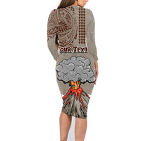Aloha Volcano Custom Family Matching Long Sleeve Bodycon Dress and Hawaiian Shirt Mix Hawaiian Kakau Tribal LT03 - Polynesian Pride