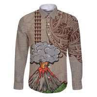 Aloha Volcano Custom Family Matching Mermaid Dress and Hawaiian Shirt Mix Hawaiian Kakau Tribal LT03 Dad's Shirt - Long Sleeve Beige - Polynesian Pride