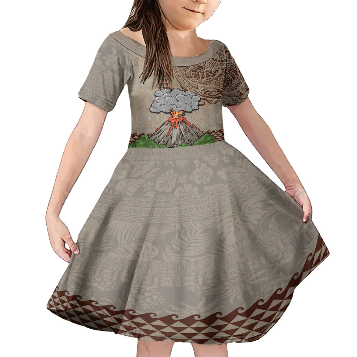 Aloha Volcano Custom Family Matching Short Sleeve Bodycon Dress and Hawaiian Shirt Mix Hawaiian Kakau Tribal LT03 Daughter's Dress Beige - Polynesian Pride