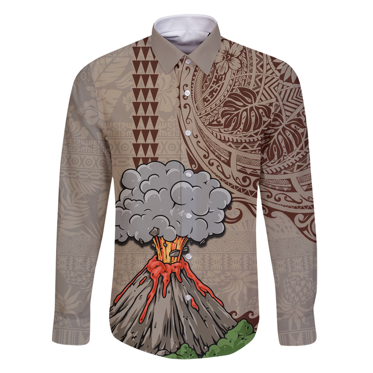 Aloha Volcano Custom Family Matching Summer Maxi Dress and Hawaiian Shirt Mix Hawaiian Kakau Tribal LT03 Dad's Shirt - Long Sleeve Beige - Polynesian Pride