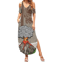 Aloha Volcano Custom Family Matching Summer Maxi Dress and Hawaiian Shirt Mix Hawaiian Kakau Tribal LT03 Mom's Dress Beige - Polynesian Pride