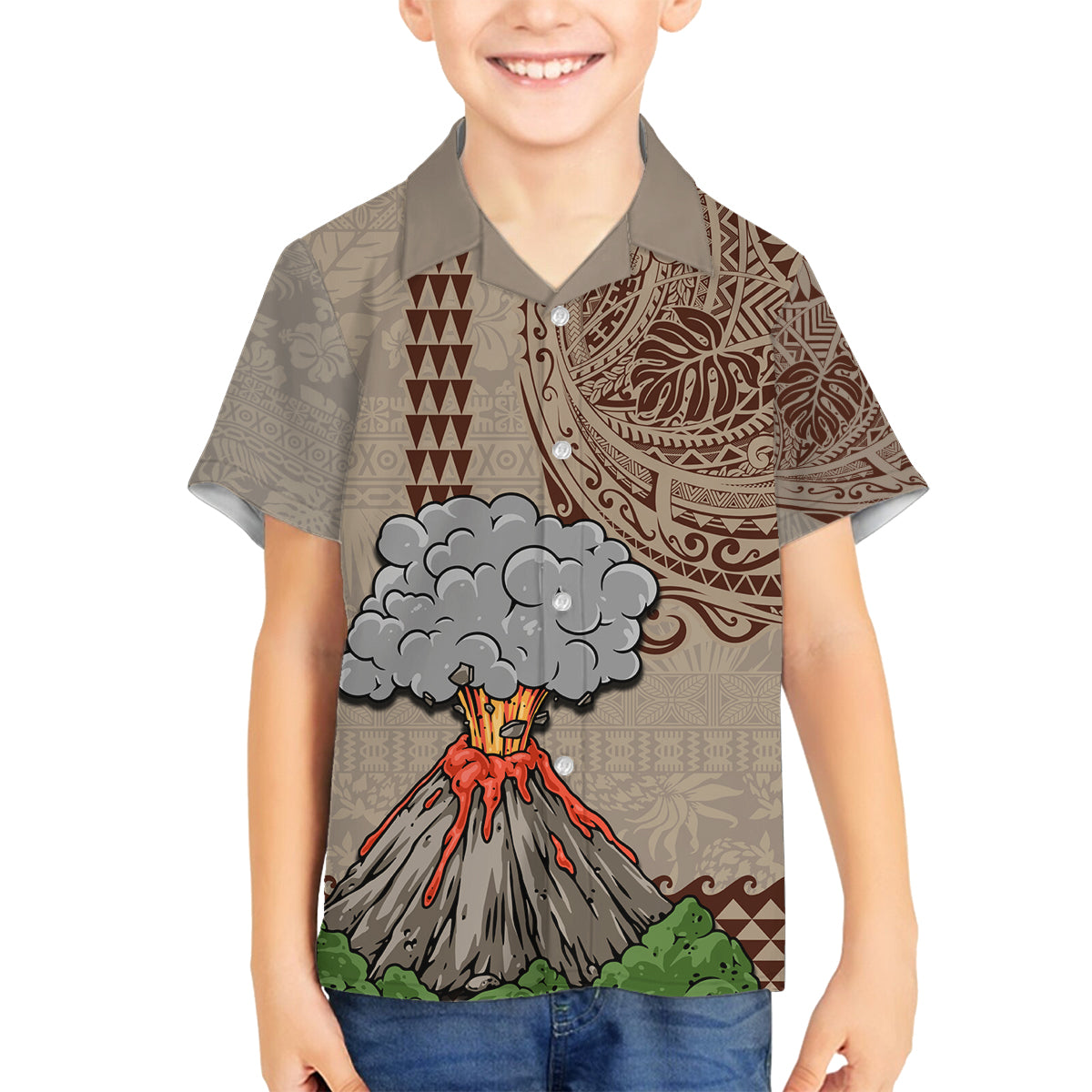 Aloha Volcano Custom Family Matching Summer Maxi Dress and Hawaiian Shirt Mix Hawaiian Kakau Tribal LT03 Son's Shirt Beige - Polynesian Pride