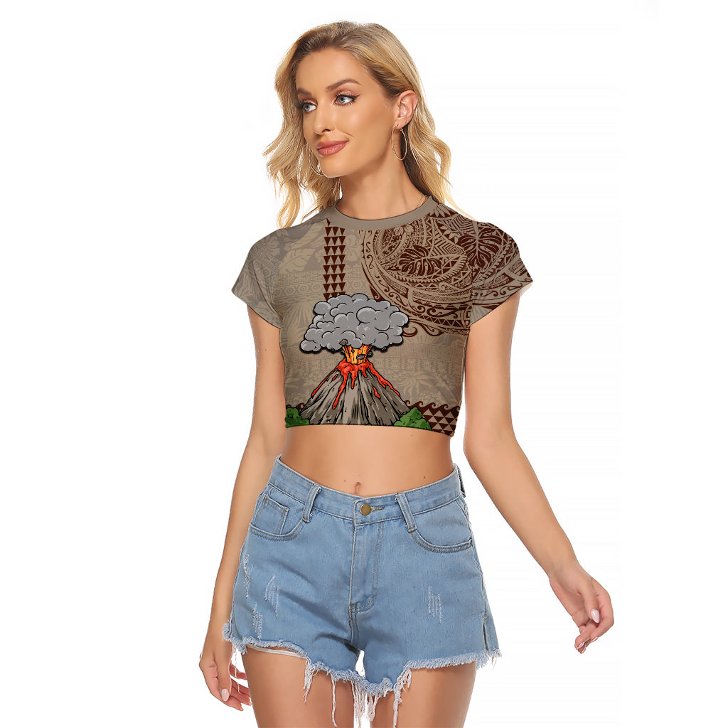 Aloha Volcano Custom Raglan Cropped T Shirt Mix Hawaiian Kakau Tribal LT03 Female Beige - Polynesian Pride