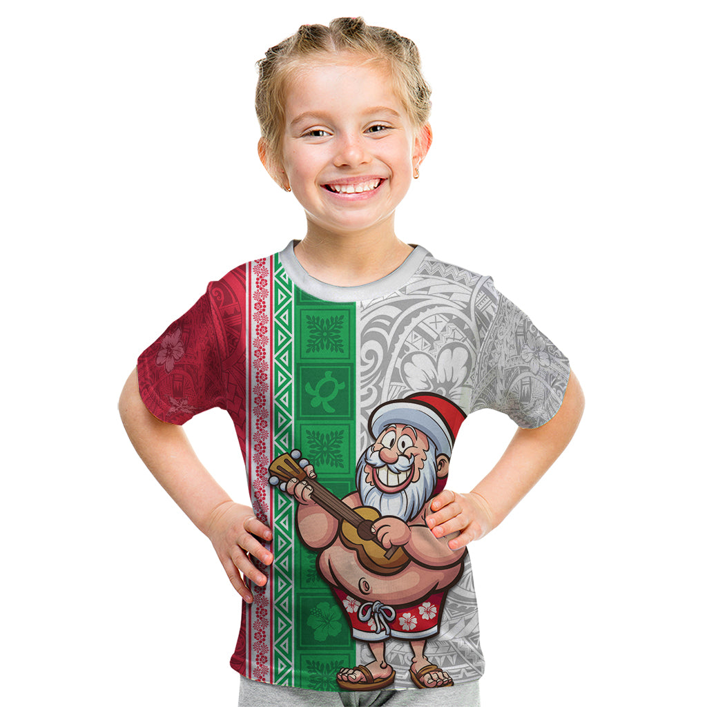 Hawaii Mele Kalikimaka Kid T Shirt Santa Playing Ukele Mix Kakau Pattern Xmas Style LT03 Red - Polynesian Pride