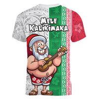 Hawaii Mele Kalikimaka Women V Neck T Shirt Santa Playing Ukele Mix Kakau Pattern Xmas Style LT03 - Polynesian Pride