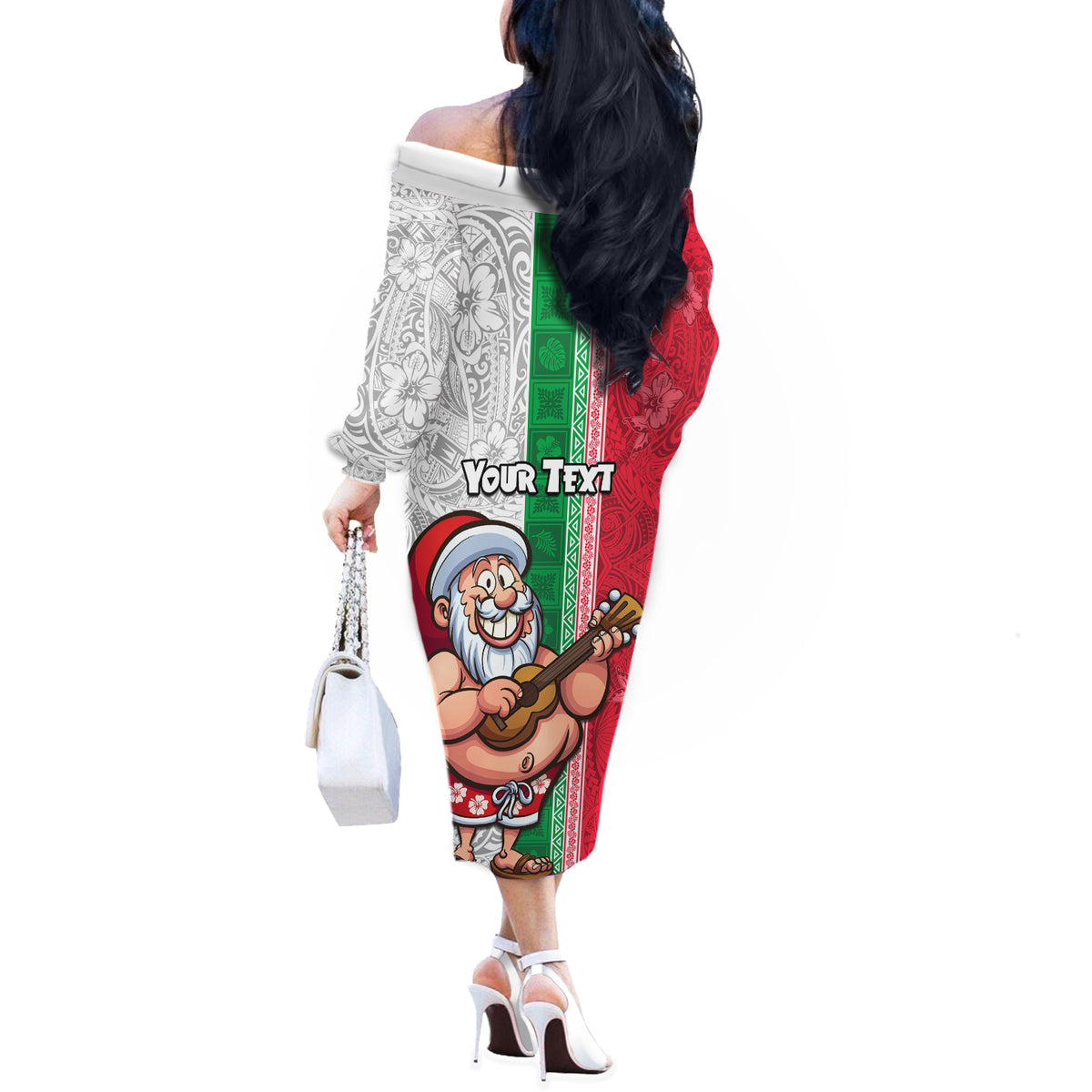 Custom Hawaii Mele Kalikimaka Off The Shoulder Long Sleeve Dress Santa Playing Ukele Mix Kakau Pattern Xmas Style LT03 - Polynesian Pride