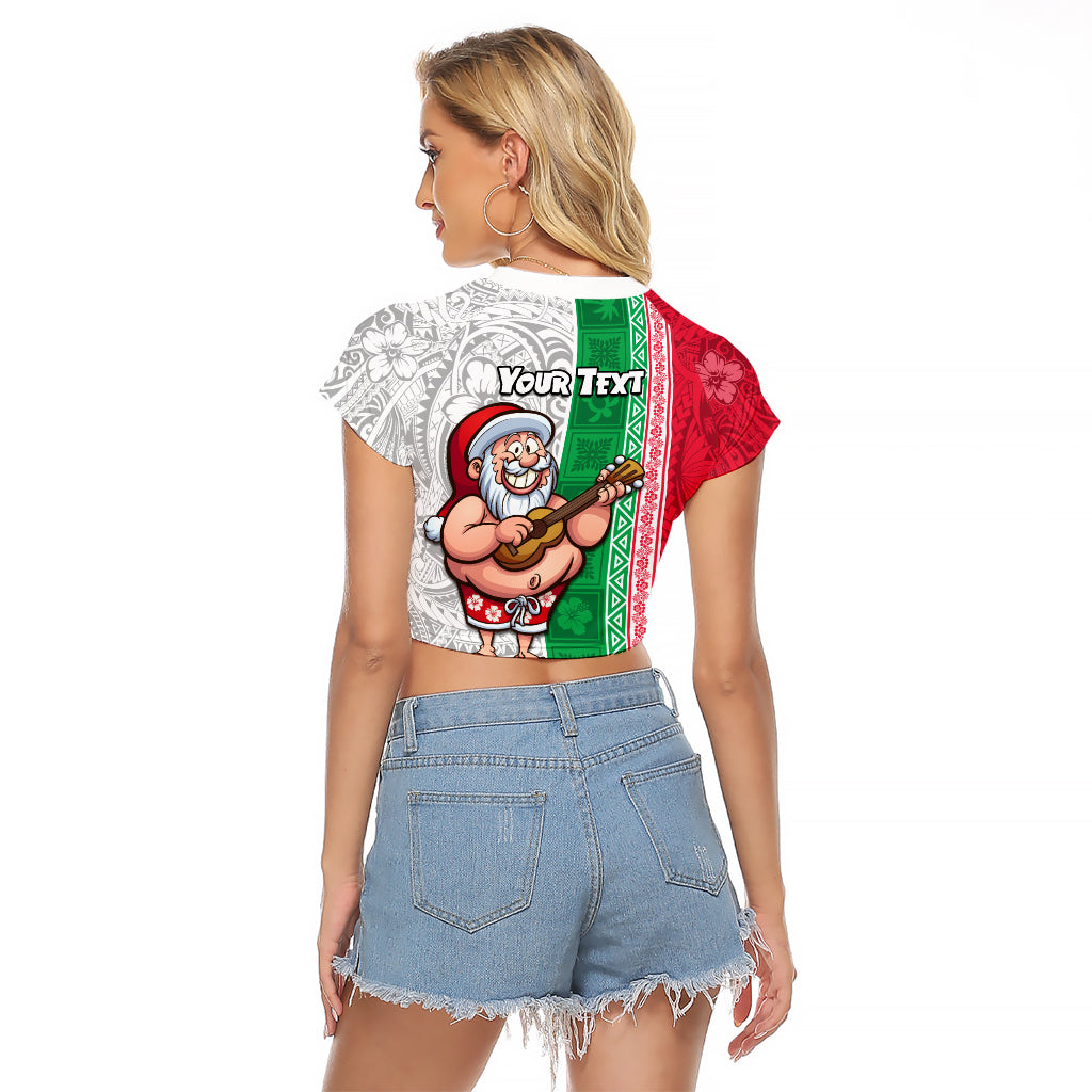 Custom Hawaii Mele Kalikimaka Raglan Cropped T Shirt Santa Playing Ukele Mix Kakau Pattern Xmas Style LT03 - Polynesian Pride