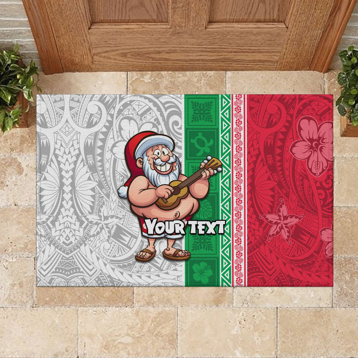 Custom Hawaii Mele Kalikimaka Rubber Doormat Santa Playing Ukele Mix Kakau Pattern Xmas Style LT03 - Polynesian Pride