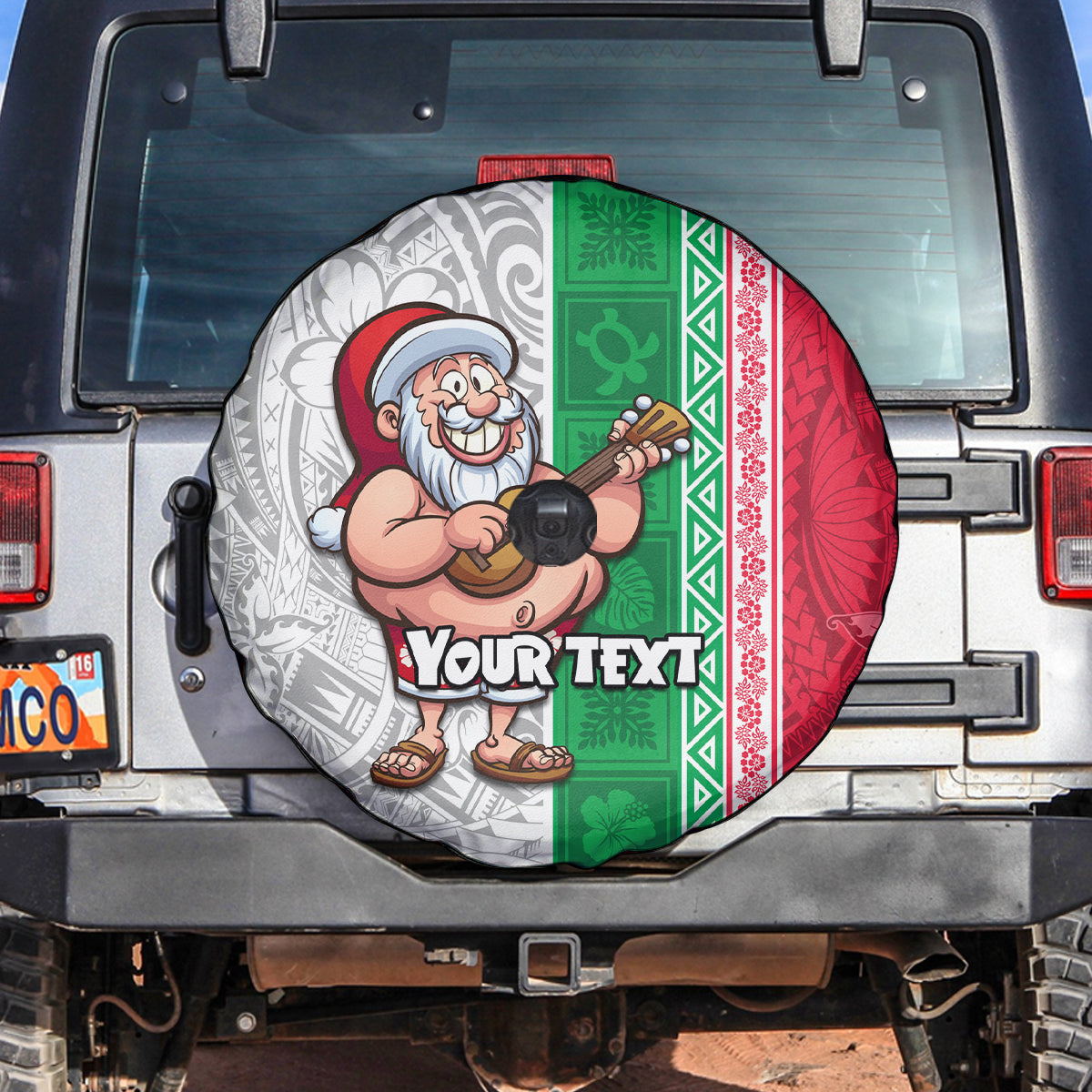 Custom Hawaii Mele Kalikimaka Spare Tire Cover Santa Playing Ukele Mix Kakau Pattern Xmas Style LT03 - Polynesian Pride