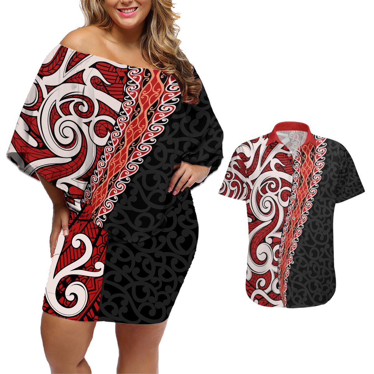 New Zealand Maori Stylized Koru Couples Matching Off Shoulder Short Dress and Hawaiian Shirt LT03 Red - Polynesian Pride