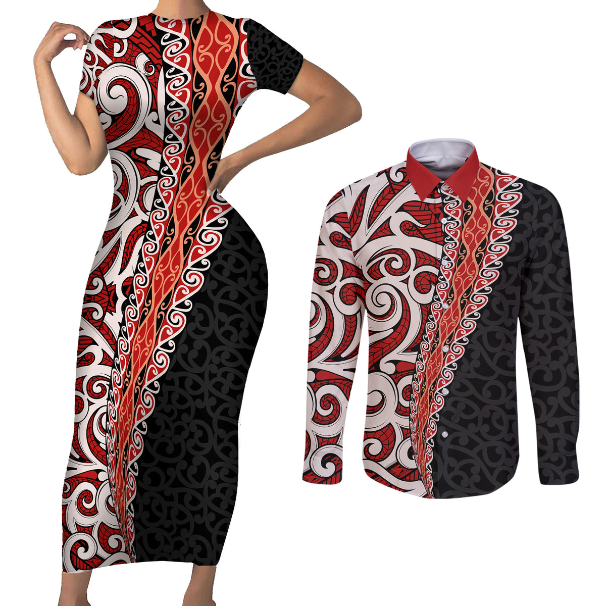 New Zealand Maori Stylized Koru Couples Matching Short Sleeve Bodycon Dress and Long Sleeve Button Shirt LT03 Red - Polynesian Pride
