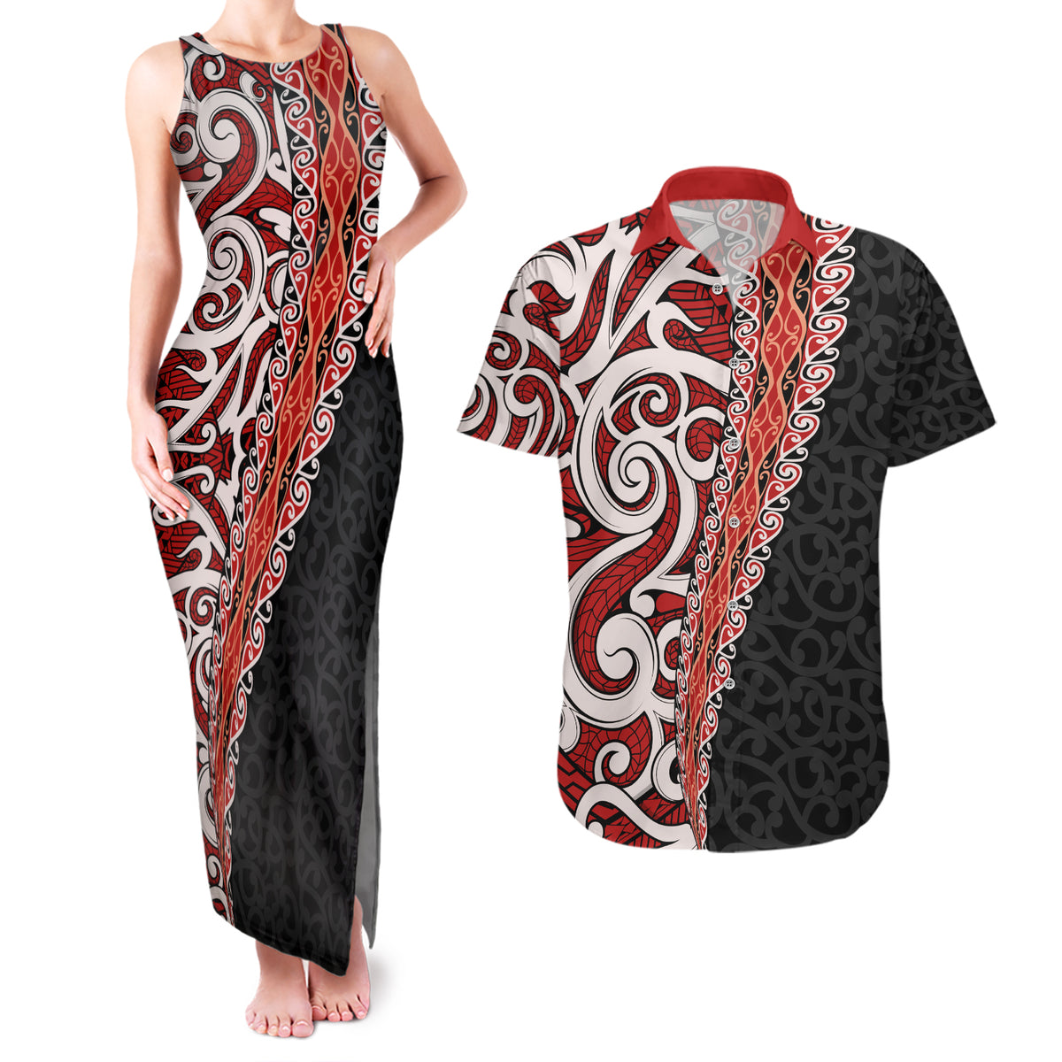 New Zealand Maori Stylized Koru Couples Matching Tank Maxi Dress and Hawaiian Shirt LT03 Red - Polynesian Pride
