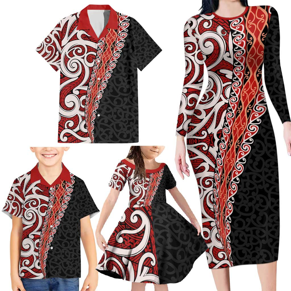 New Zealand Maori Stylized Koru Family Matching Long Sleeve Bodycon Dress and Hawaiian Shirt LT03 - Polynesian Pride