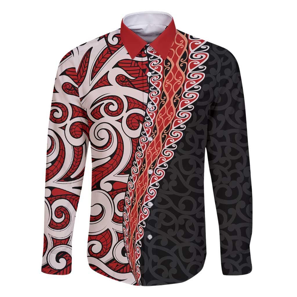 New Zealand Maori Stylized Koru Family Matching Long Sleeve Bodycon Dress and Hawaiian Shirt LT03 Dad's Shirt - Long Sleeve Red - Polynesian Pride