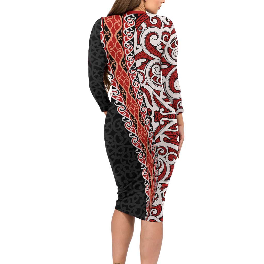 New Zealand Maori Stylized Koru Family Matching Long Sleeve Bodycon Dress and Hawaiian Shirt LT03 - Polynesian Pride