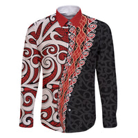 New Zealand Maori Stylized Koru Family Matching Off Shoulder Maxi Dress and Hawaiian Shirt LT03 Dad's Shirt - Long Sleeve Red - Polynesian Pride