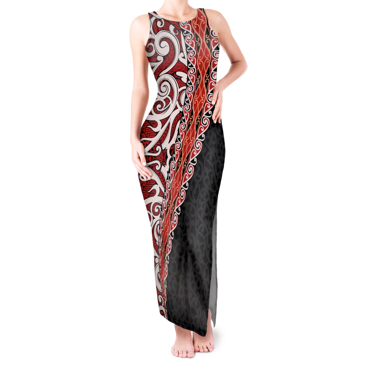 New Zealand Maori Stylized Koru Tank Maxi Dress LT03 Women Red - Polynesian Pride